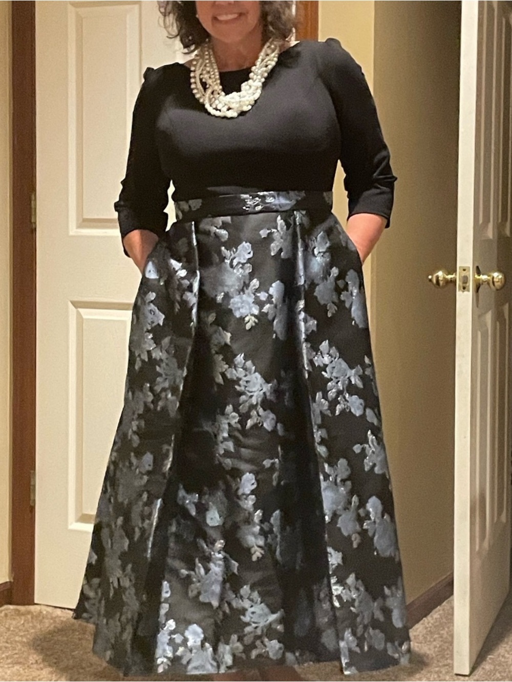 Oleg Cassini Black Mother of Bride/Groom Dress-Blue Floral Jacquard Skirt